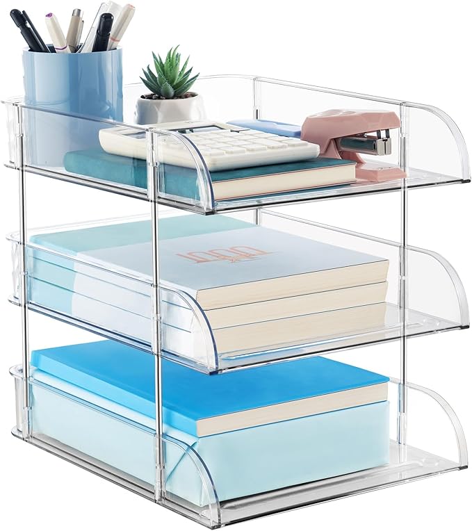 Noger Desk Organizers and Storage, 3 Tier Clear Heightened Stackable Paper Tray by Noger