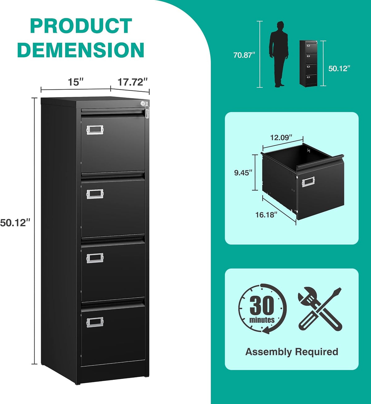 sisesol 4 drawer file cabinet with lock and, package contents