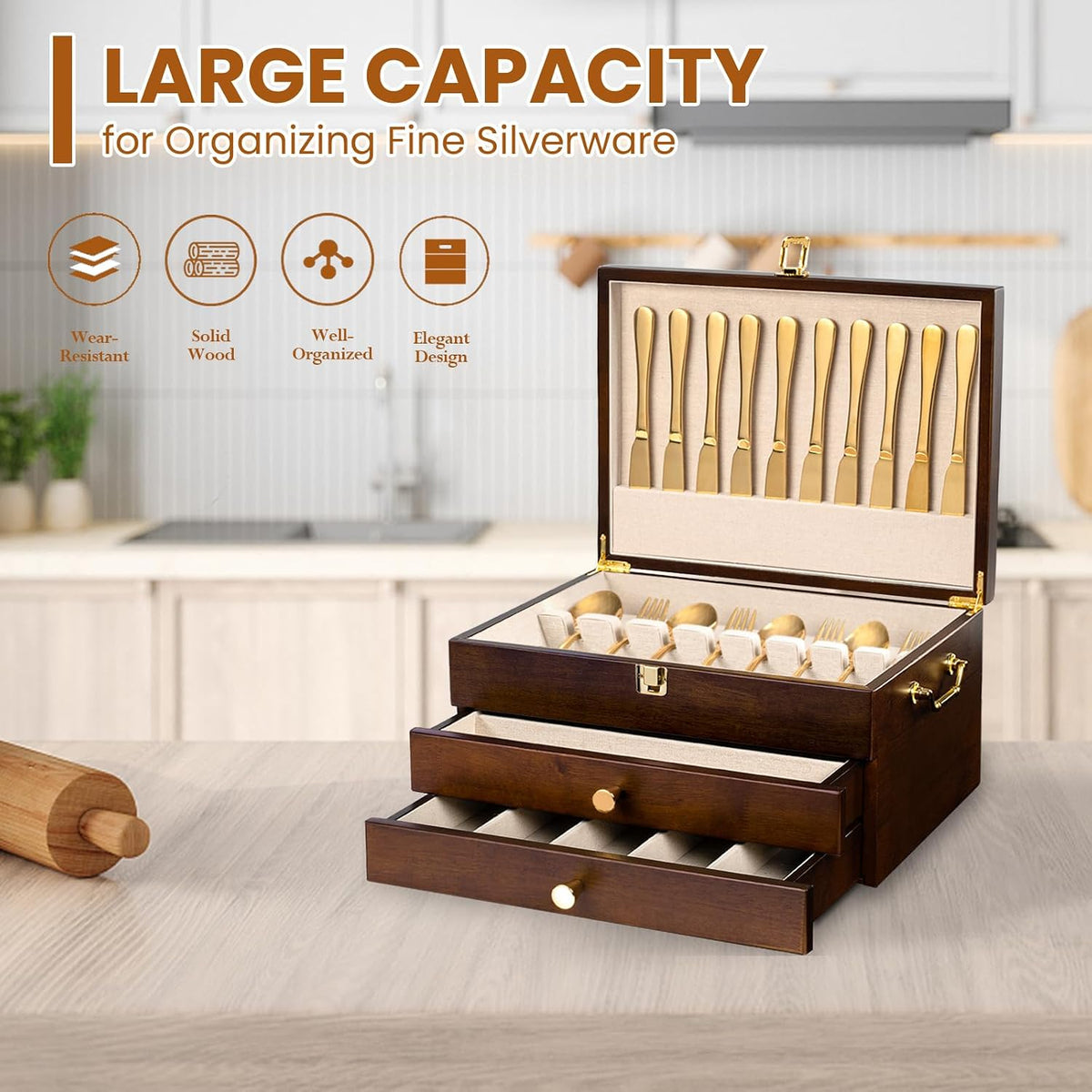Silverware Storage Box, 3-Layer Flatware Storage Case with Drawer, Wooden Sil...