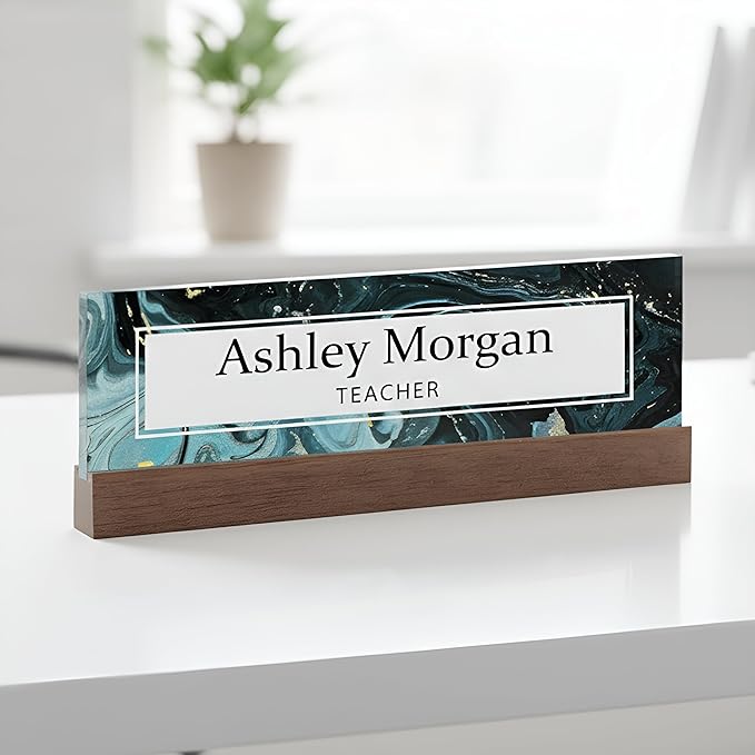 ARTBLOX | Office Personalized Name Plate Green Marble Design On Clear Acrylic by Artblox