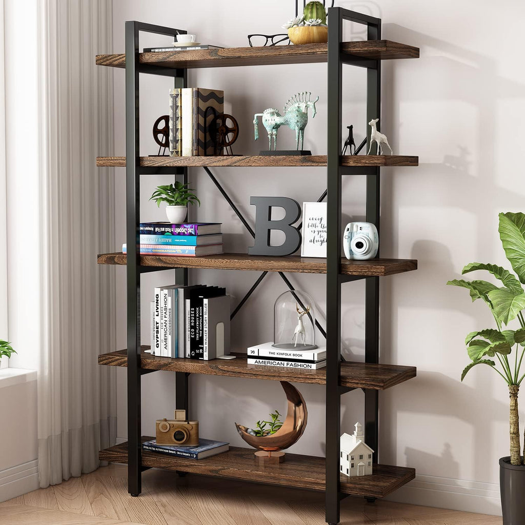 5-Tier Industrial Style Solid Wood Bookcase and Book Shelves, Rustic Wood and