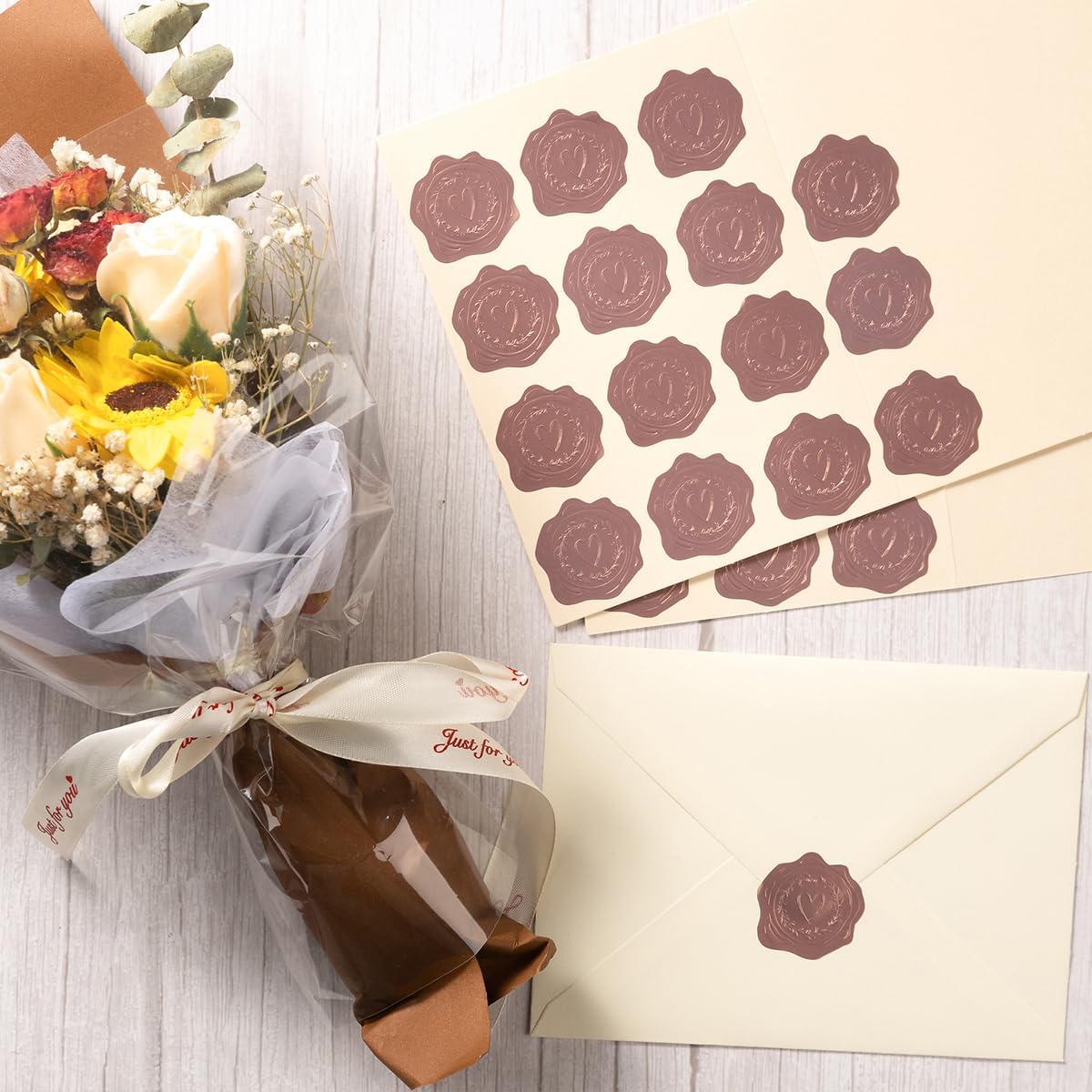 300 Pieces Embossed Gold Foil Stickers, Rose Gold Heart-Love | For Envelopes, Wedding Invitations, Christmas Greeting Cards