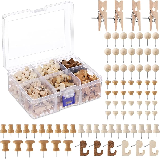600 Pcs Decorative Push Pins, Wood Brown Thumb Tacks 6 Types Cute Push Pin Clips by Sawysine