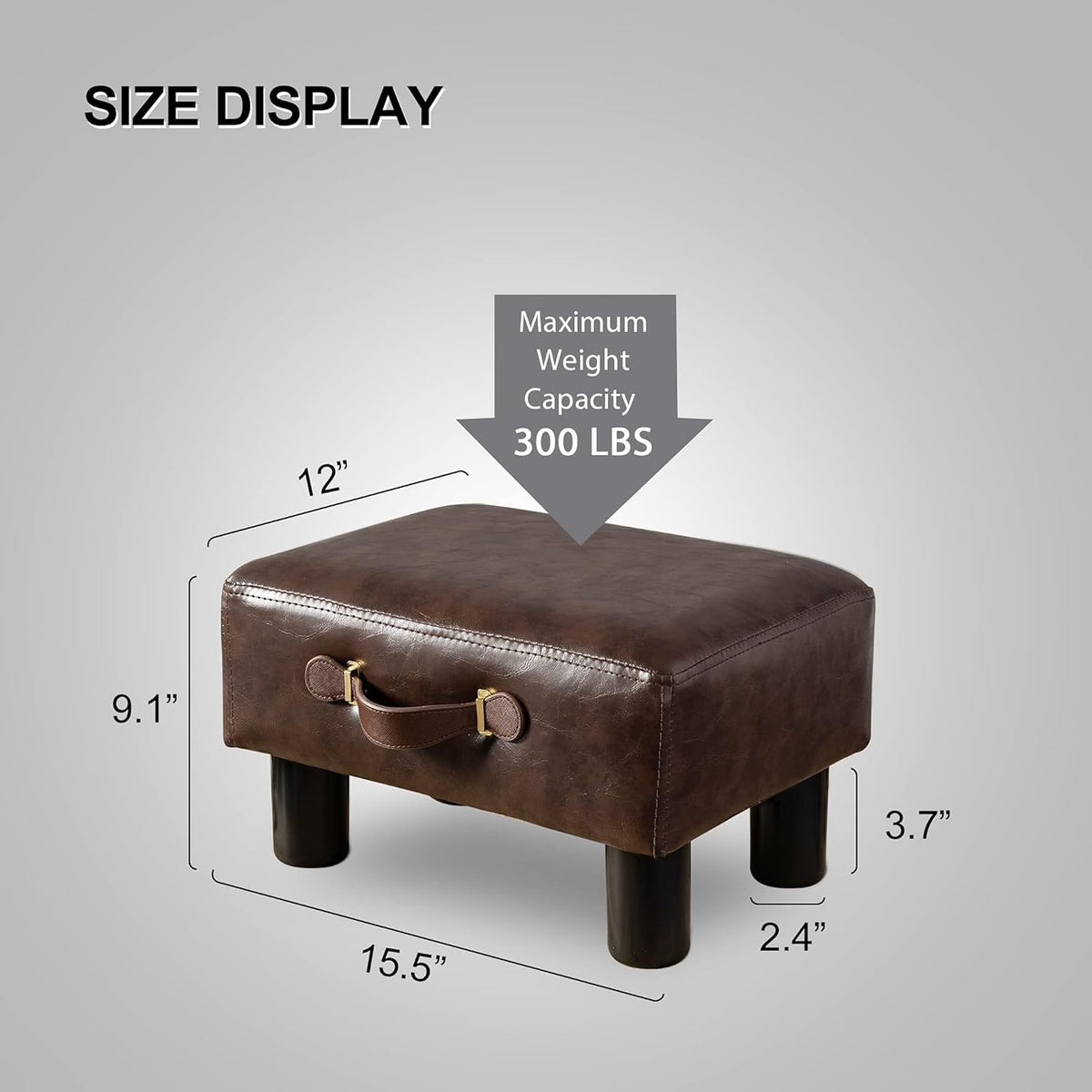 Small Foot Stool with Handle, Brown Faux Leather Short Foot Stool Rest, Recta...