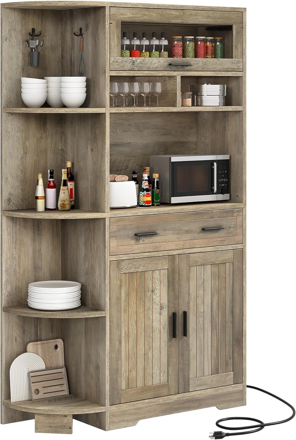 YITAHOME 67" Kitchen Hutch with Outlet, Shelves & Drawer, Antique Gray | Farmhouse Microwave Stand Buffet Coffee Bar for Living Room and Dining Room