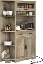 YITAHOME 67" Kitchen Hutch with Outlet, Shelves & Drawer, Antique Gray | Farmhouse Microwave Stand Buffet Coffee Bar for Living Room and Dining Room