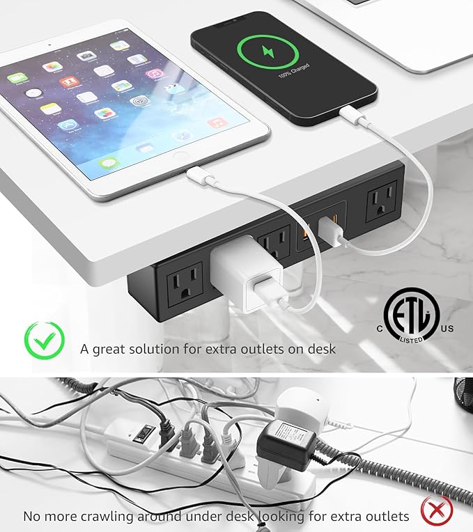 Under Desk Power Strip with 3M Adhesive, Removable Under Desktop Mount Plug - Image 5