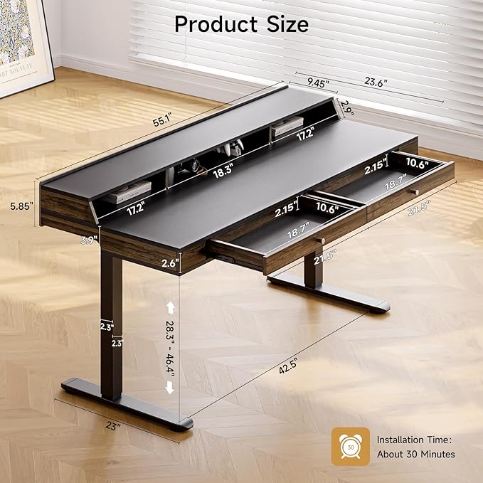 ONBRILL Standing Desk with Drawers, 55x23.6 Inch Electric Stand Up Desk with - Image 2