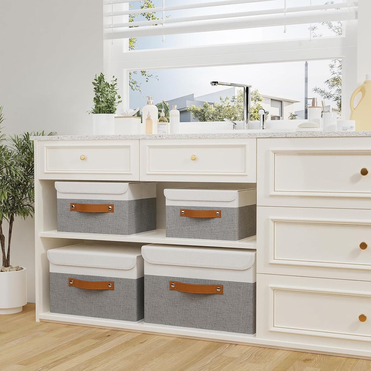OUTBROS Storage Bins with Lids, White/Grey, 5 Pack 10.2 x 7.9 x 6.7in