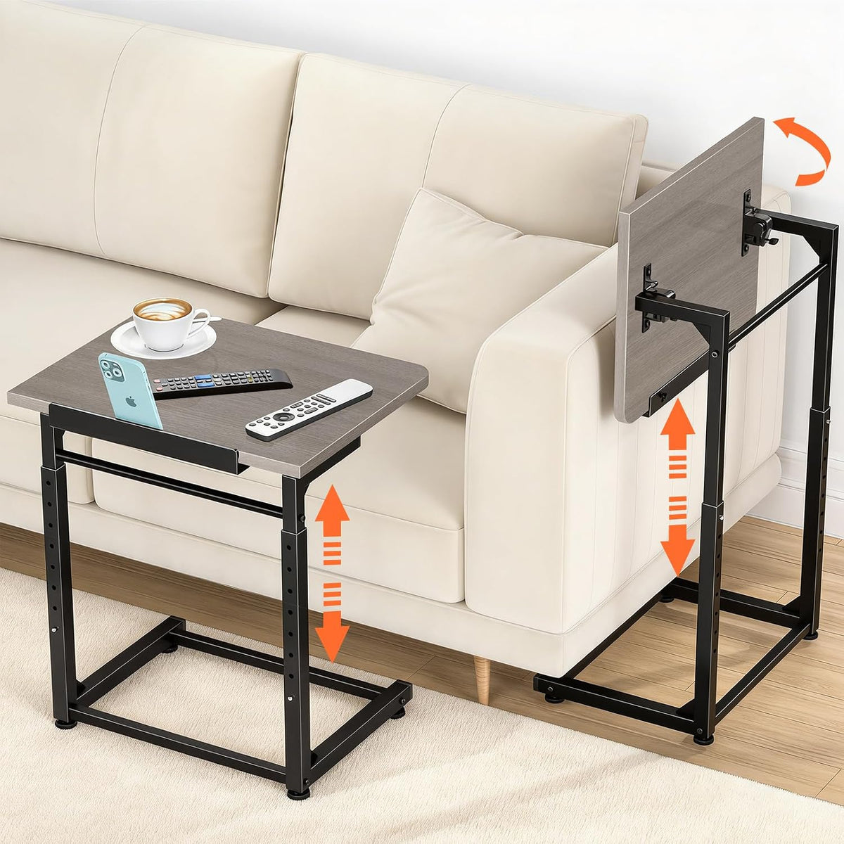 Tv Tray Table Set of 2, 8-Level Adjustable Height Couch Side Table，90° Tilt A...