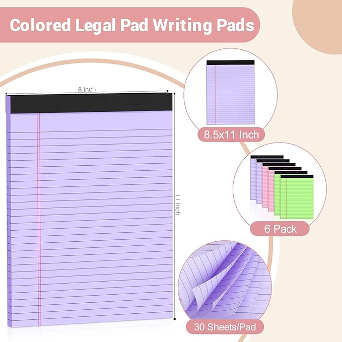 Legal Pads 8.5 x 11 Inch, 6 Pack, Colored Notebook Paper, 8.5 x 11 Colored - Image 2