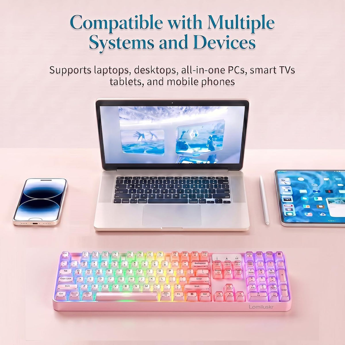 Lomiluskr RGB Arc Wireless Keyboard, BT/2.4G/Wired Tri-Mode, Full Size Crysta...