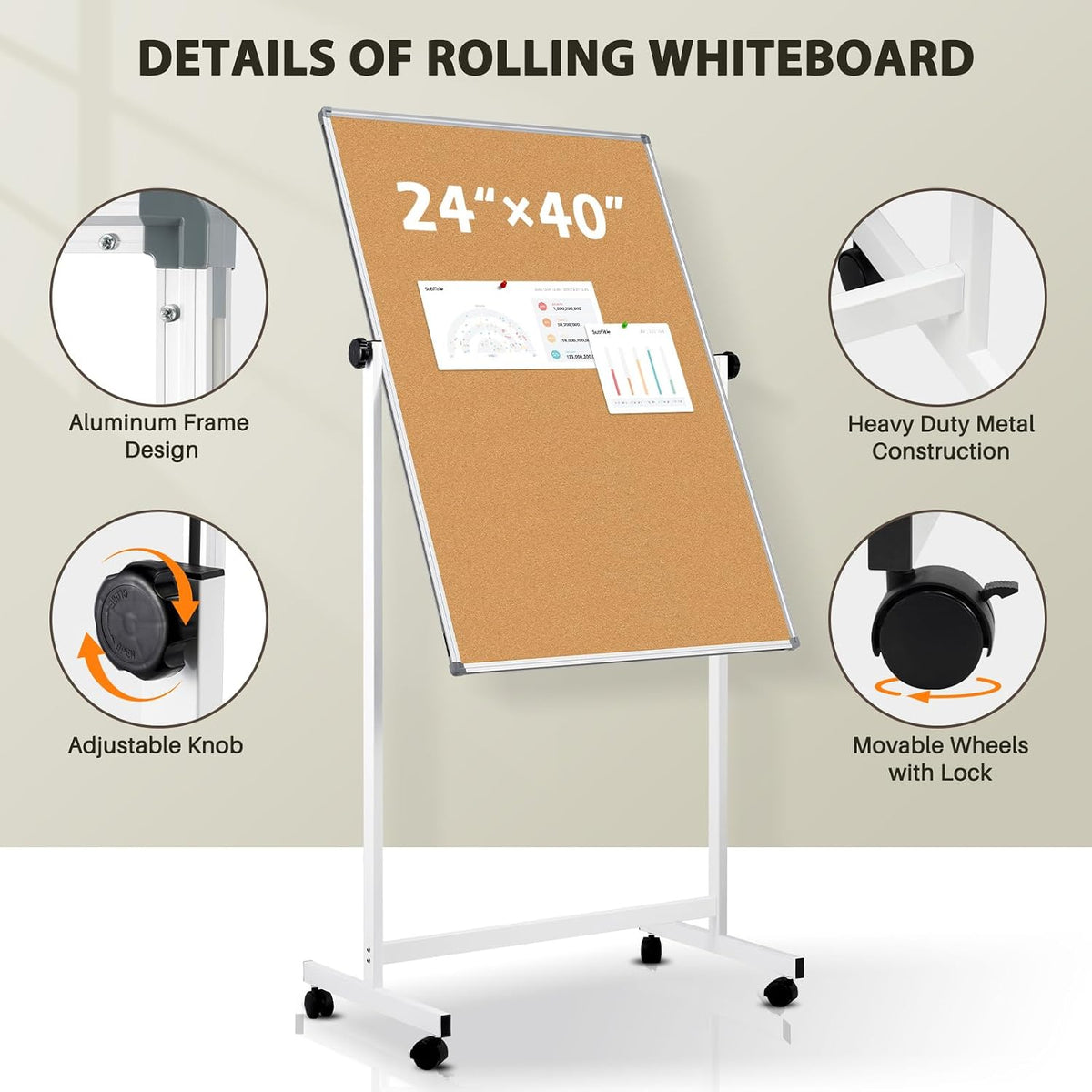 Rolling Whiteboard Cork Board, 40" x 24", Double Sided, Height Adju...