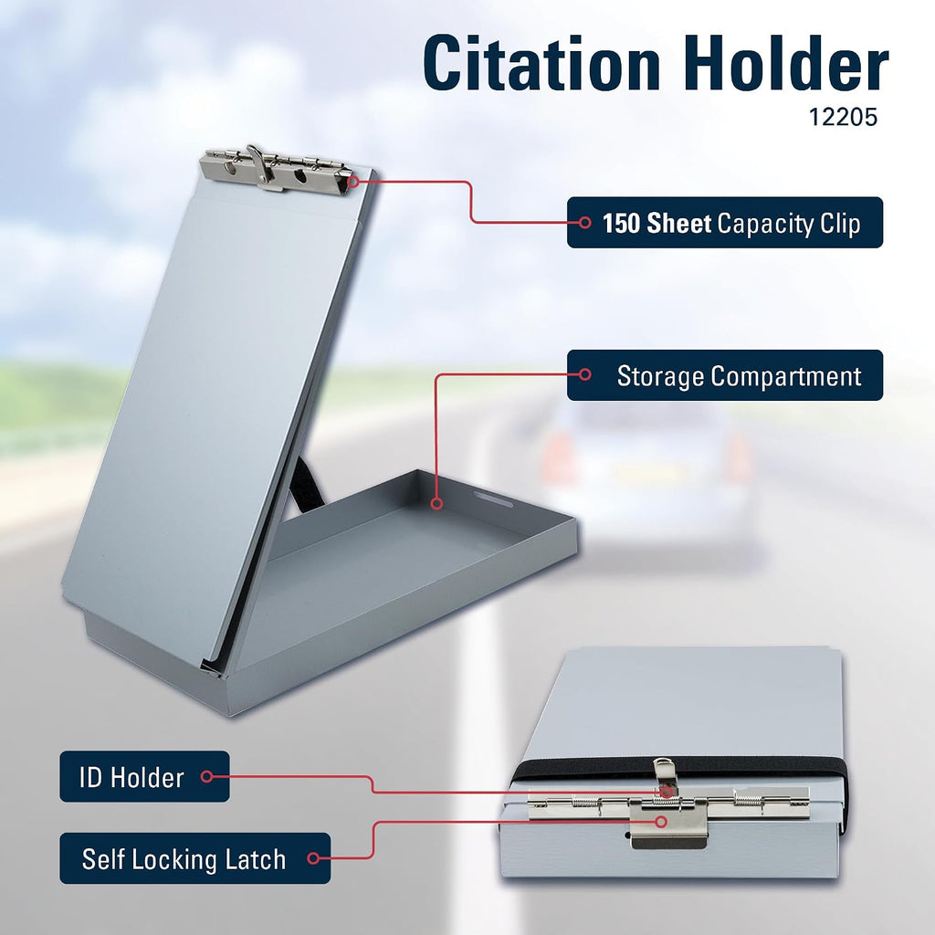 Saunders Recycled Aluminum Citation Holder, Police Ticket Book Clipboard | Silver, holds two summons books, hinged privacy plate blocks write-through, hook-loop strap, pen clip, water-resistant, USA