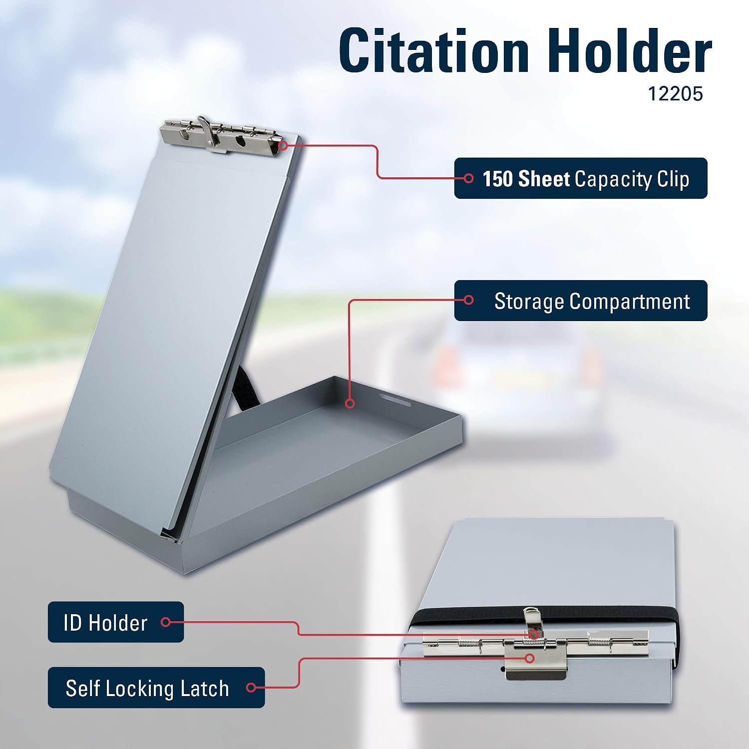 Saunders Recycled Aluminum Citation Holder, Police Ticket Book Clipboard | Silver, holds two summons books, hinged privacy plate blocks write-through, hook-loop strap, pen clip, water-resistant, USA