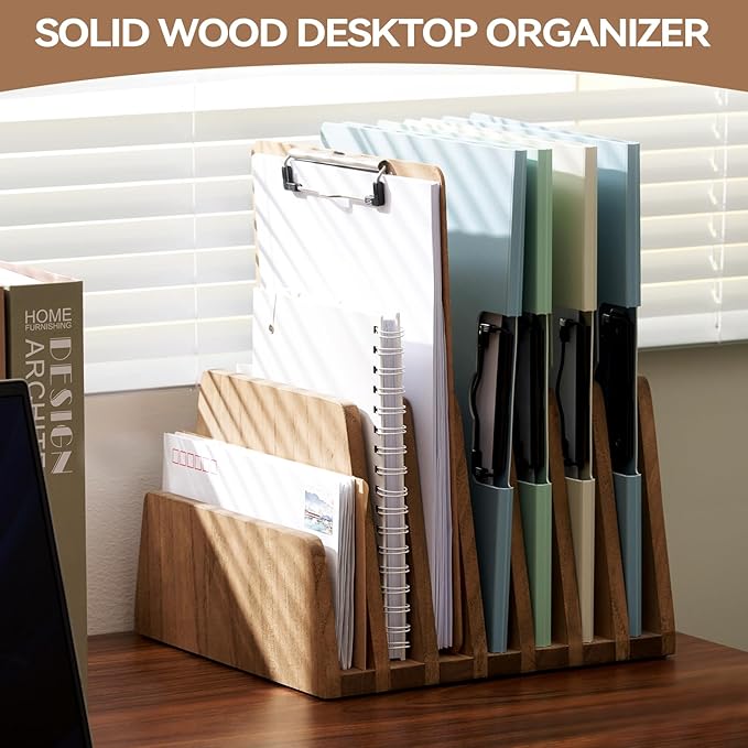 KIRIGEN Wood File Mail Organizer 7 Slots File Paper Holder Desktop Wood - Image 2