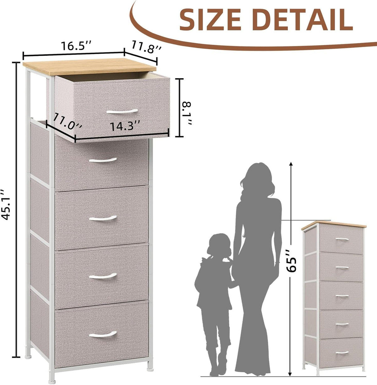 Somdot Tall Dresser for Bedroom, 5 Drawer Storage Cabinet, Ash Grey