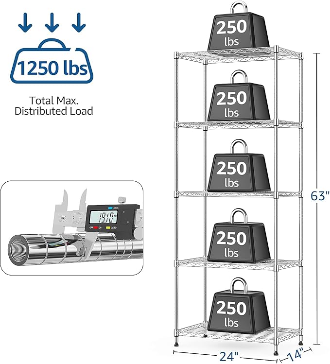 M MZG 1250 lbs 5 Tier Shelf Metal Storage Shelves Wire Rack Closet Organizers - Image 3
