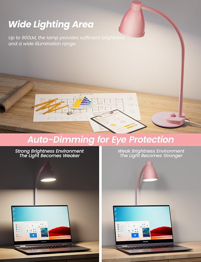 BOHON Cute Desk Lamp with USB Charging Port, Flexible Neck Auto Dimming Table - Image 5