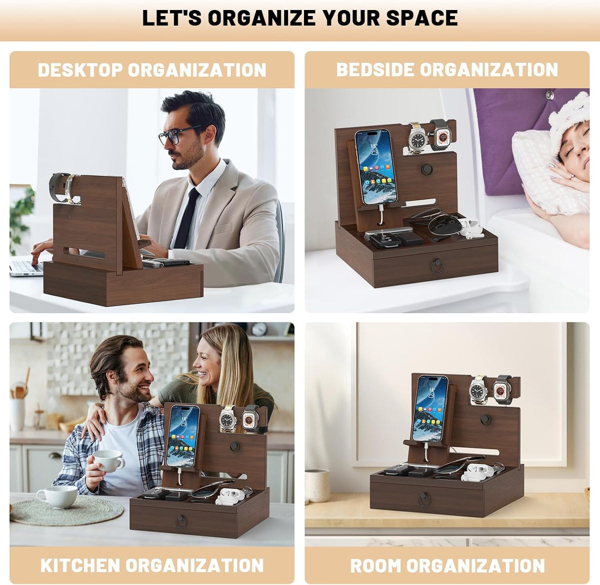 Wood Phone Docking Station, Nightstand Organizer with Drawer