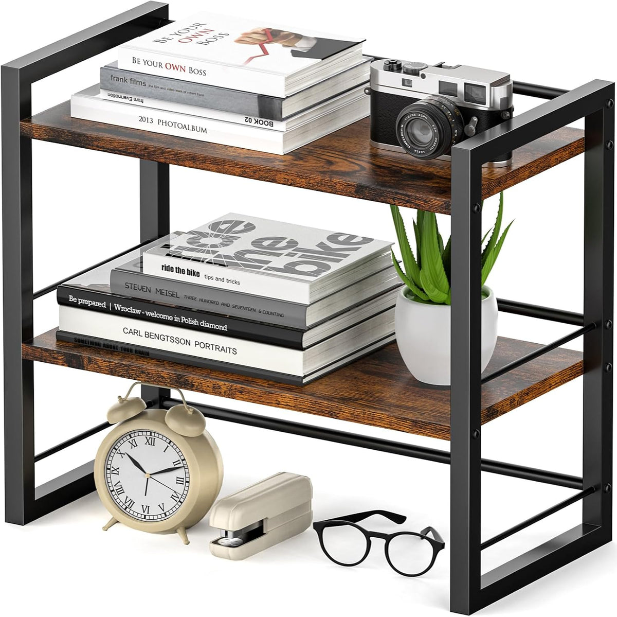 Office Desk Shelf Organizer, Wood Desktop Bookshelf Supplies Storage Rack, Sh...