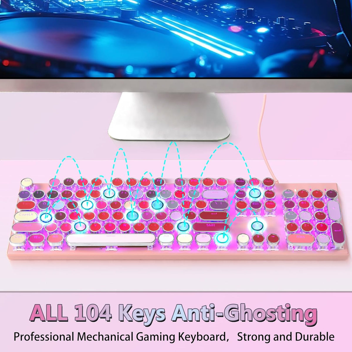 HUO JI Mechanical Gaming Keyboard Typewriter Style with Purple LED Backlit