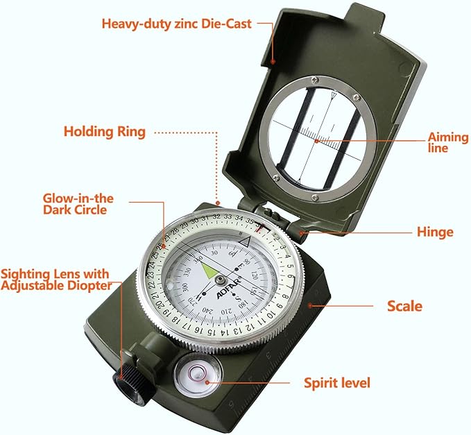 AOFAR Military Compass, AF-4580 Lensatic Sighting, Waterproof and Shakeproof - Image 2