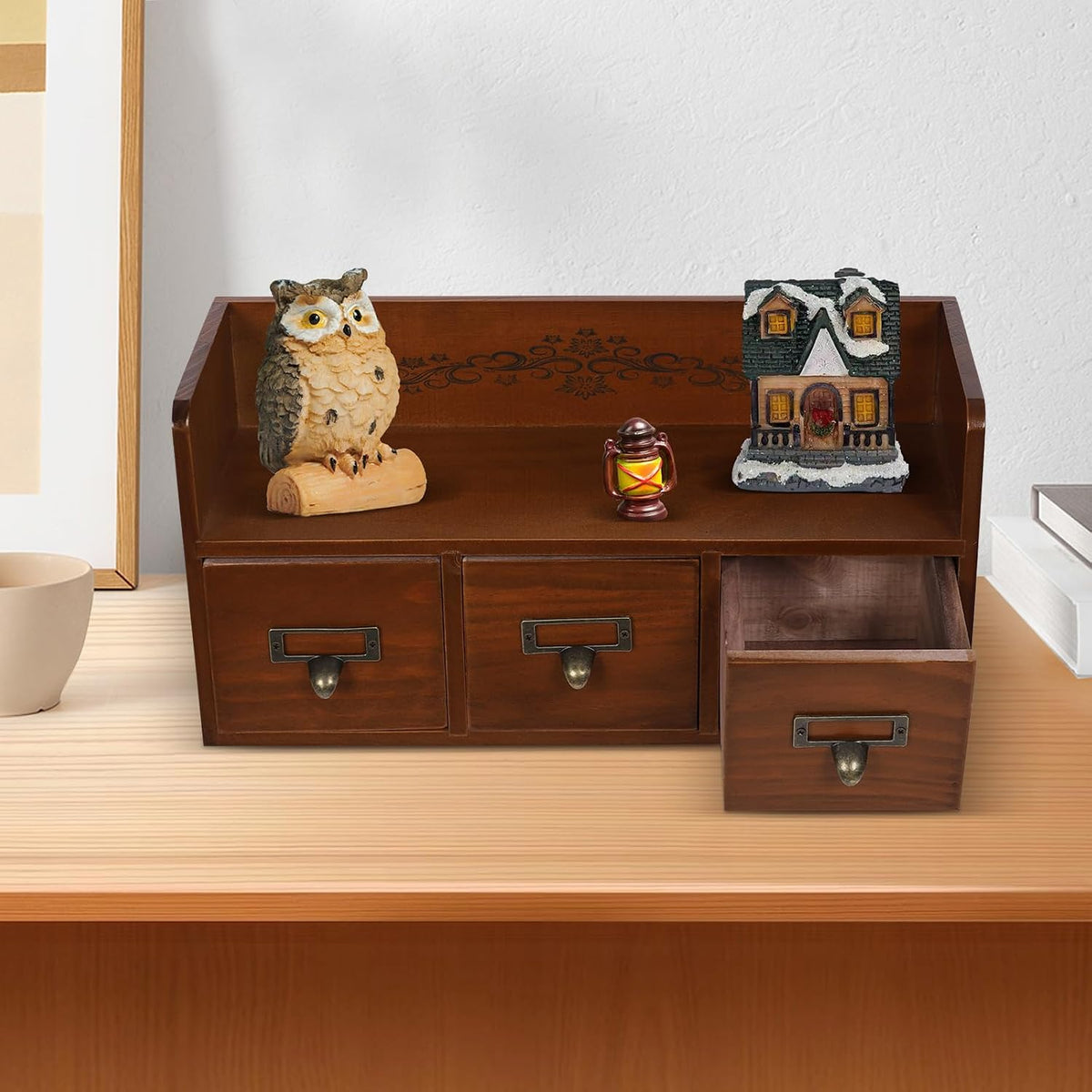 Desk Organizer with 3 Drawers, Wooden Apothecary Cabinet Desktop Storage Shel...