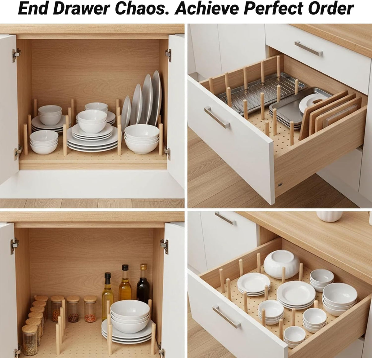 Wooden Pegboard Drawer Organizer for Kitchen - 3 Pack Adjustable Drawer Organ...