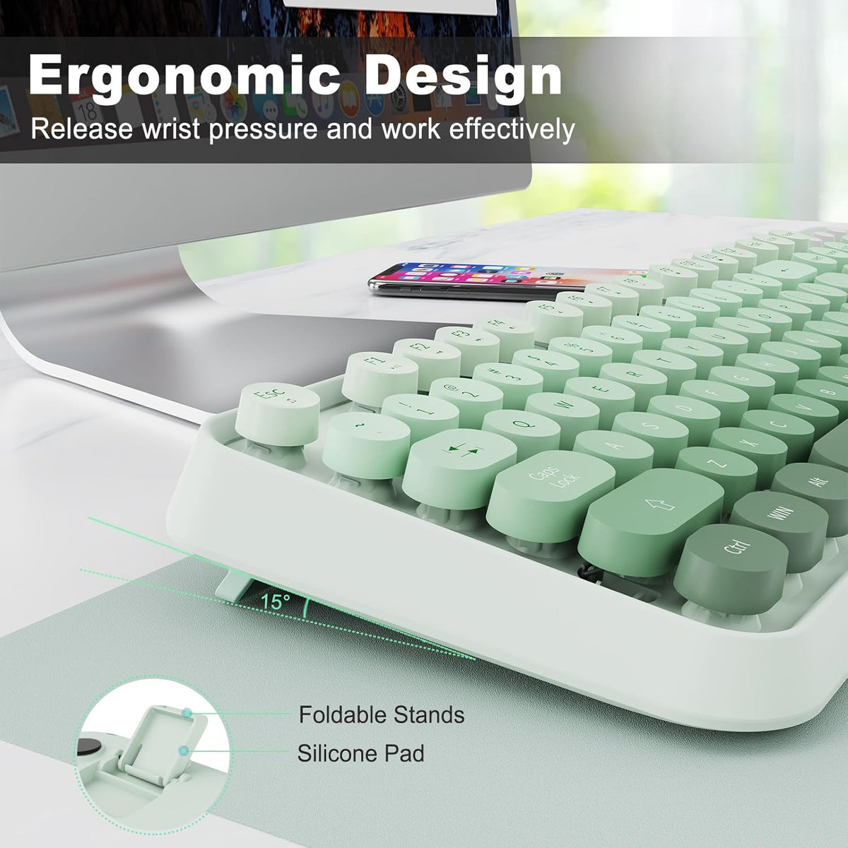 Sage Green Wireless Keyboard and Mouse Combo,Cute Round Keys,for PC Laptop