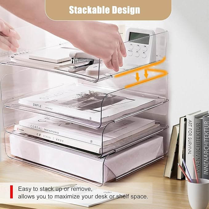 Clear Stackable Paper Trays 4 Pack, PET Letter Tray Desk Organizer, Desktop - Image 2