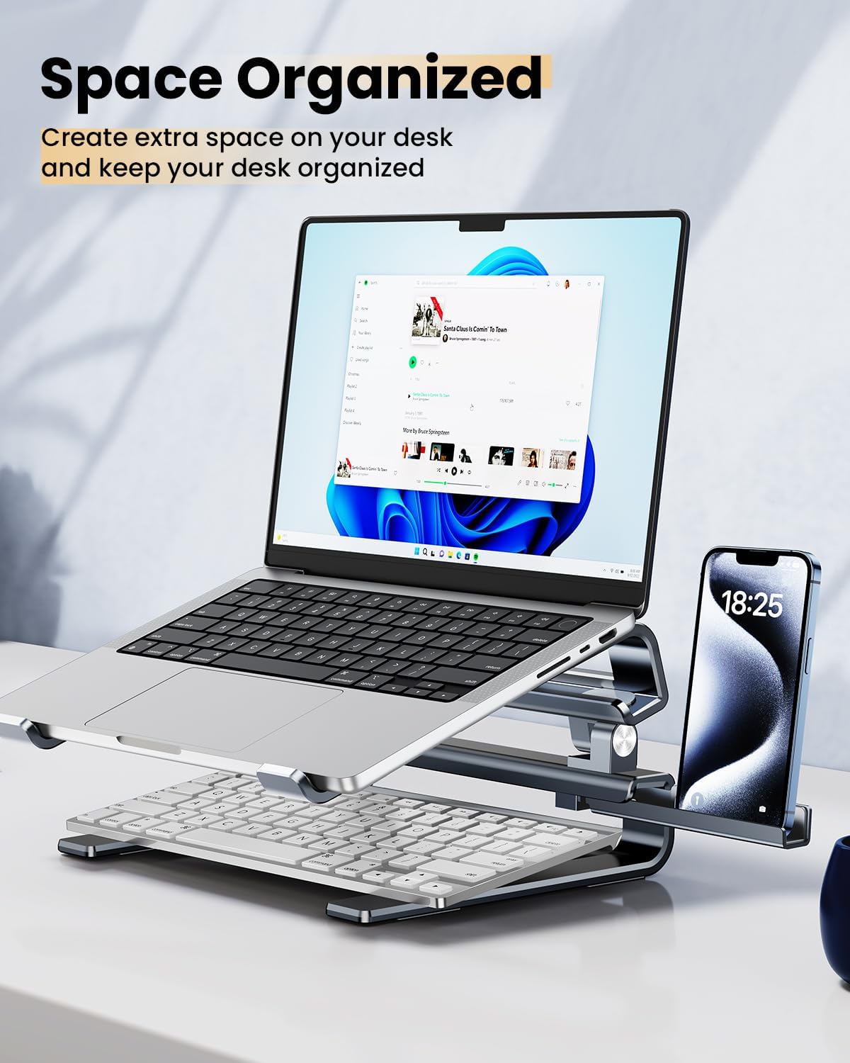 Adjustable Aluminum Laptop Stand with Hidden Phone Holder for Desk