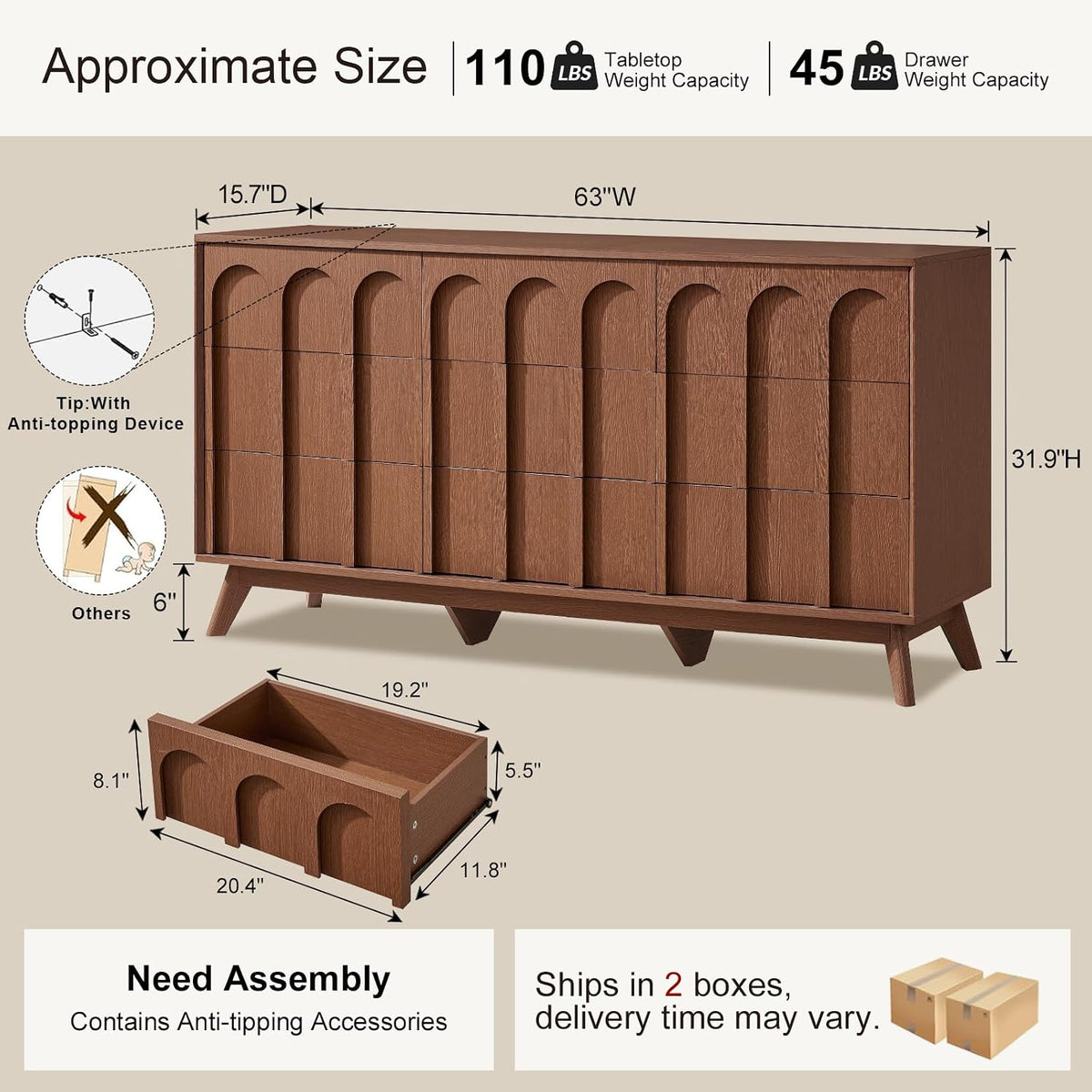 Oak&Sparrow Mid Century Modern Dresser for Bedroom, Walnut 9 Drawer Dress...