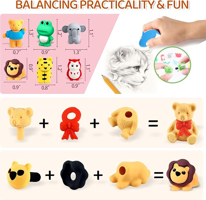 URSKYTOUS 130Pcs Animal Erasers Kids Desk Pets Pencil Erasers 3D Puzzle Bulk - Image 8