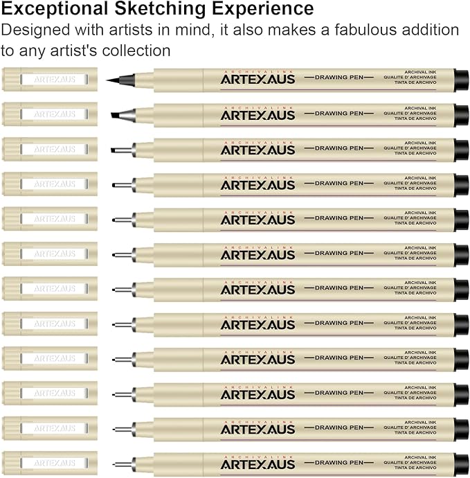 Micro Fineliner Drawing Art Pens, 12 Assorted Sizes, Waterproof Archival Ink - Image 2