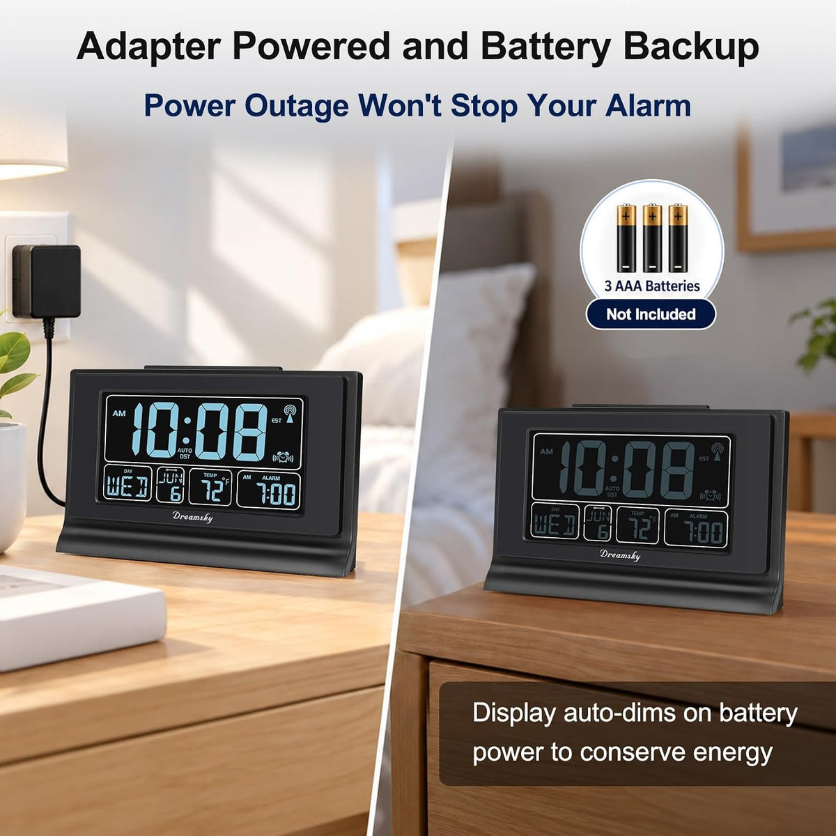 dreamsky atomic alarm clocks for bedrooms with battery, package contents