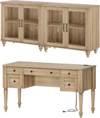WAMPAT Home Office Furniture Set, 56'' Executive Desk with Charging Station, 2-in-1 Cabinet with Glass Doors, Wood Computer Desk with File Cabinet Storage, Open Shelf, Oak