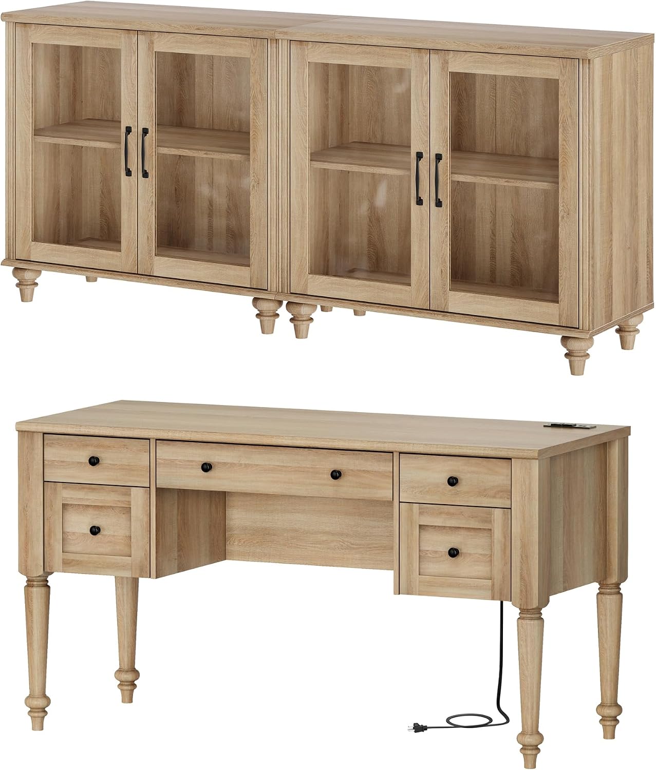 WAMPAT Home Office Furniture Set, 56'' Executive Desk with Charging Station, 2-in-1 Cabinet with Glass Doors, Wood Computer Desk with File Cabinet Storage, Open Shelf, Oak
