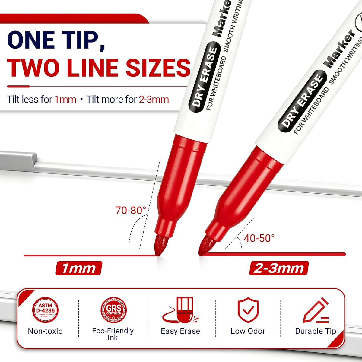 SFAIH Red Dry Erase Markers Fine Tip, 48 Pack, 1-2mm Line, Low Odor