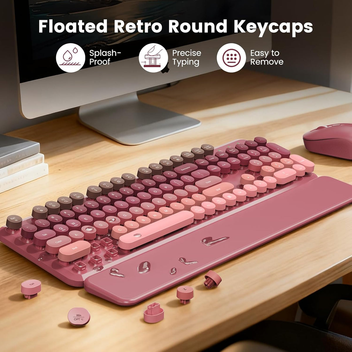 Wireless Keyboard and Mouse Combo, Cute Retro Typewriter Keyboard with Round ...