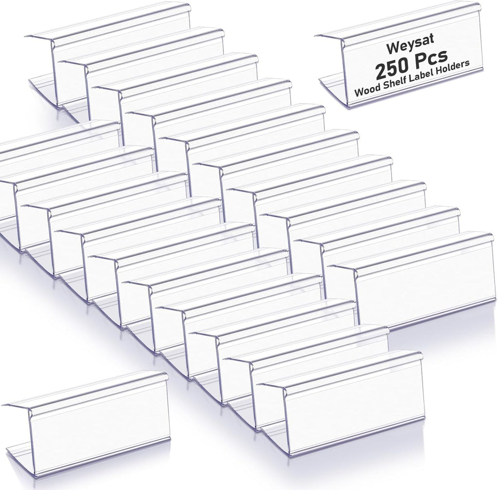 Weysat 250 Pcs Wood Shelf Label Holders Clear Plastic Price Tag 2.4 in L x 1 in