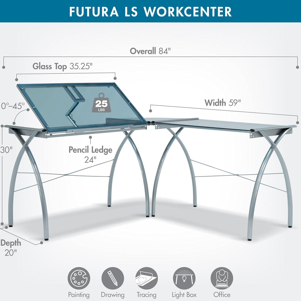 SD STUDIO DESIGNS Futura LS WorkCenter with Tilt Top Adjustable Drafting Table Craft Table Drawing Desk Hobby Table Writing Desk Studio Desk, Silver / Blue Glass