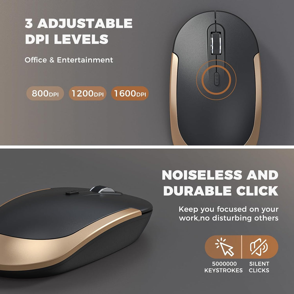 Vssoplor Wireless Keyboard and Mouse, Rechargeable Ultra Slim, Black Gold