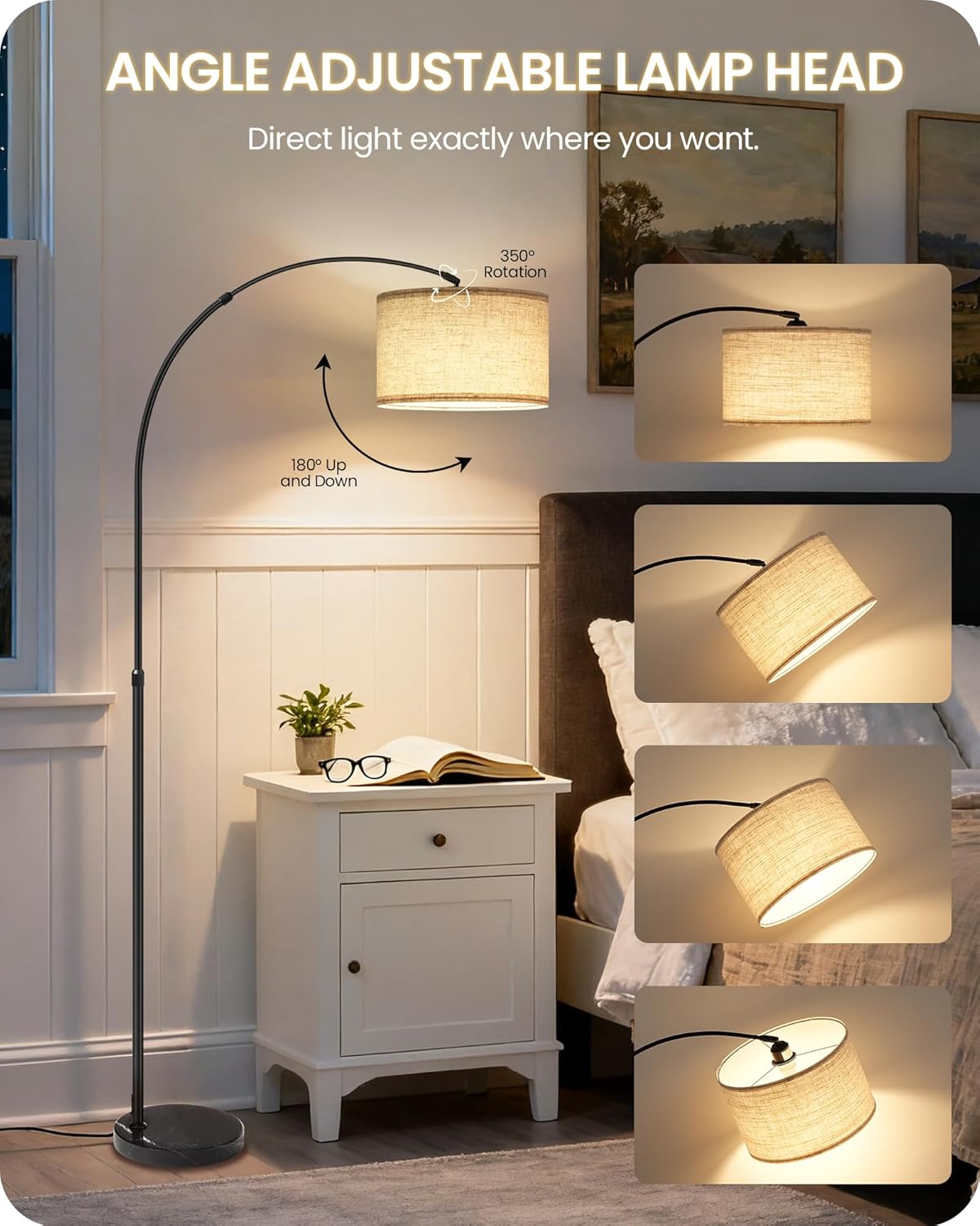 75" Tall Dimmable Arc Floor Lamp with Marble Base, Adjustable Height, Beige