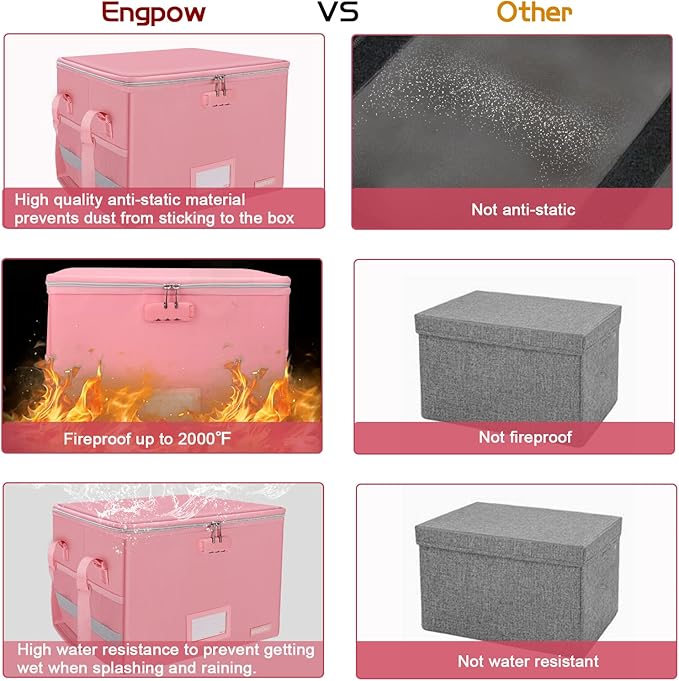ENGPOW File Box with Lock, Fireproof Document Box with Pockets, Collapsible - Image 6