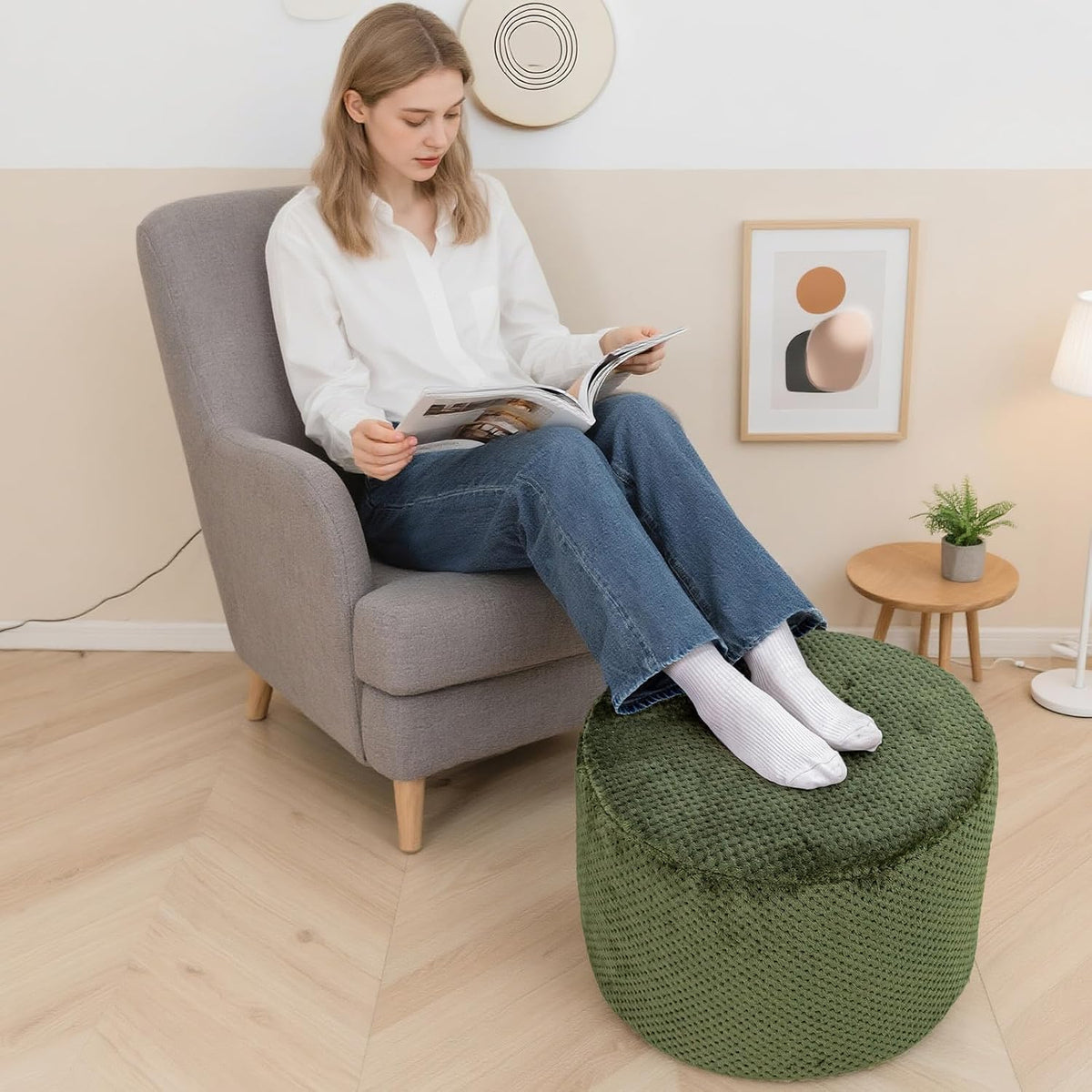 20"x14" Round Foam Stuffed Pouf Ottoman, Under Desk Footrest,Deep G...