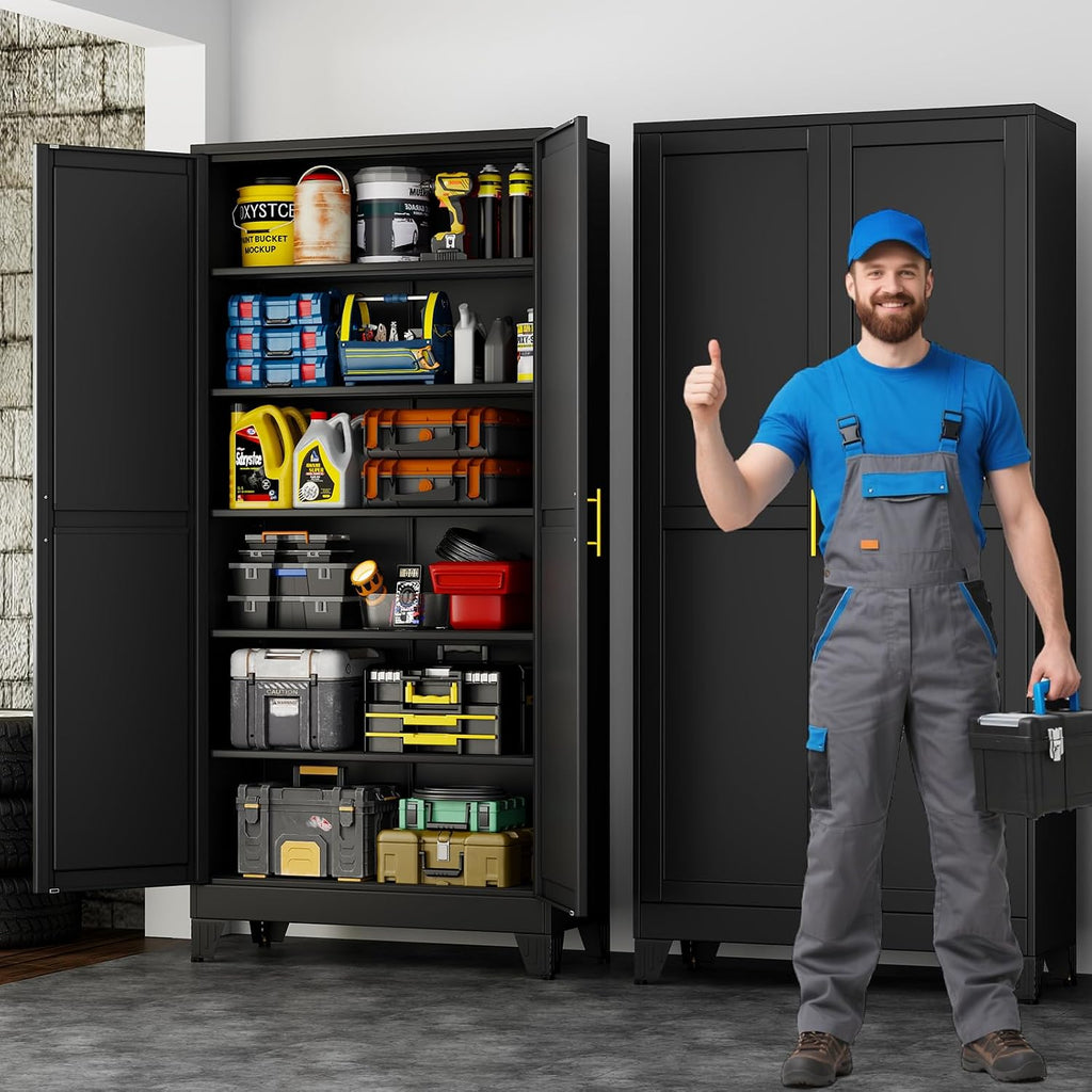 75" metal garage storage cabinet with 2 doors shown in use