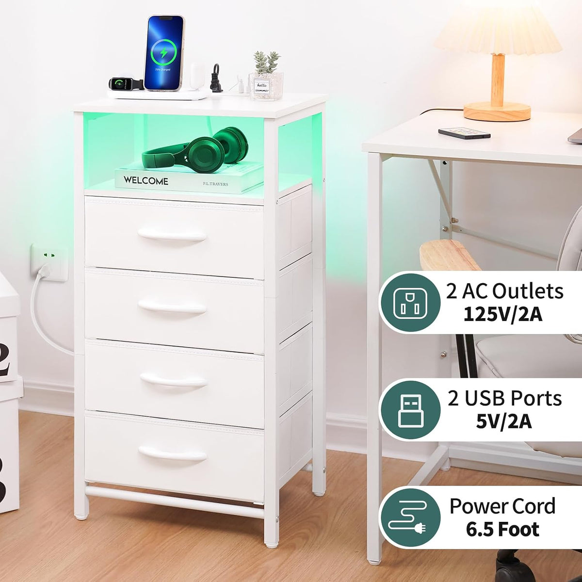 Yoobure Night Stand - LED White Nightstand with Charging Station for Dorm