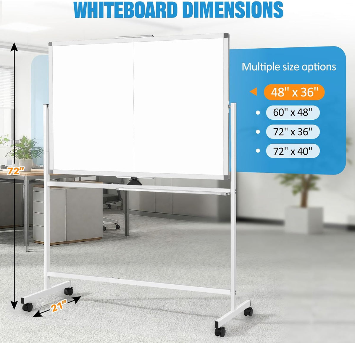 Rolling Whiteboard on Wheels, 48” x 36” Standing Dry Erase Board | 4' x 3...
