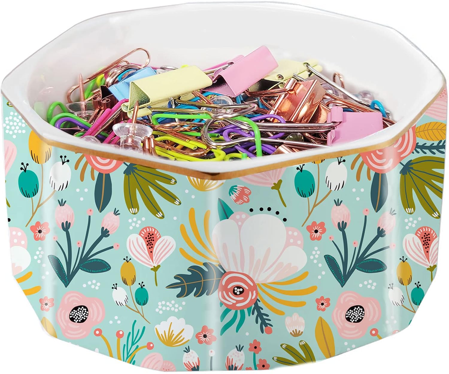 Ceramic Paper Clip Holder Gold Line Paper Clip Dispenser Organizer for Desk Cute Floral Pattern Office Binder Clip Holder Bobby Pin and Hair Clip Holder Gift for Office Mint Flowers